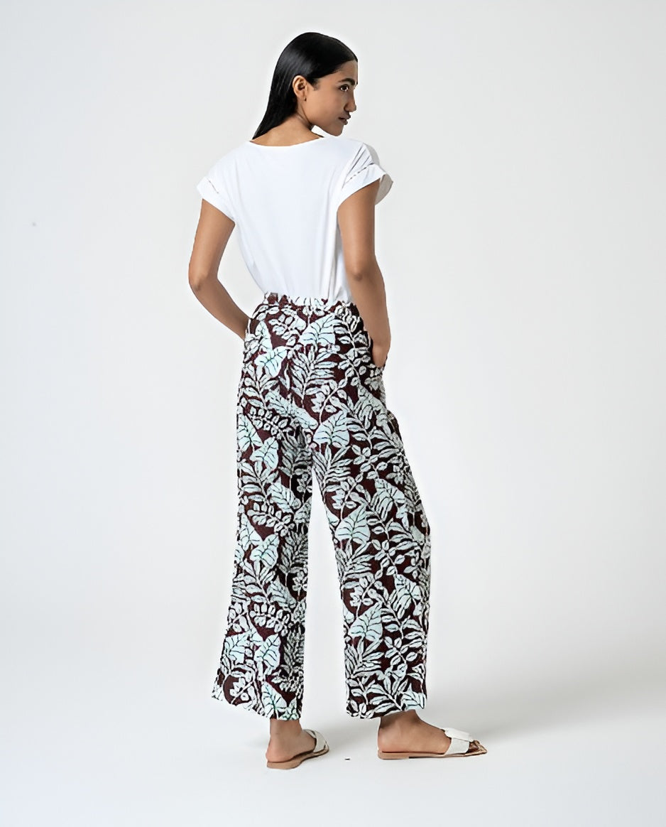 Wide Leg Linen Trousers with Brown Print