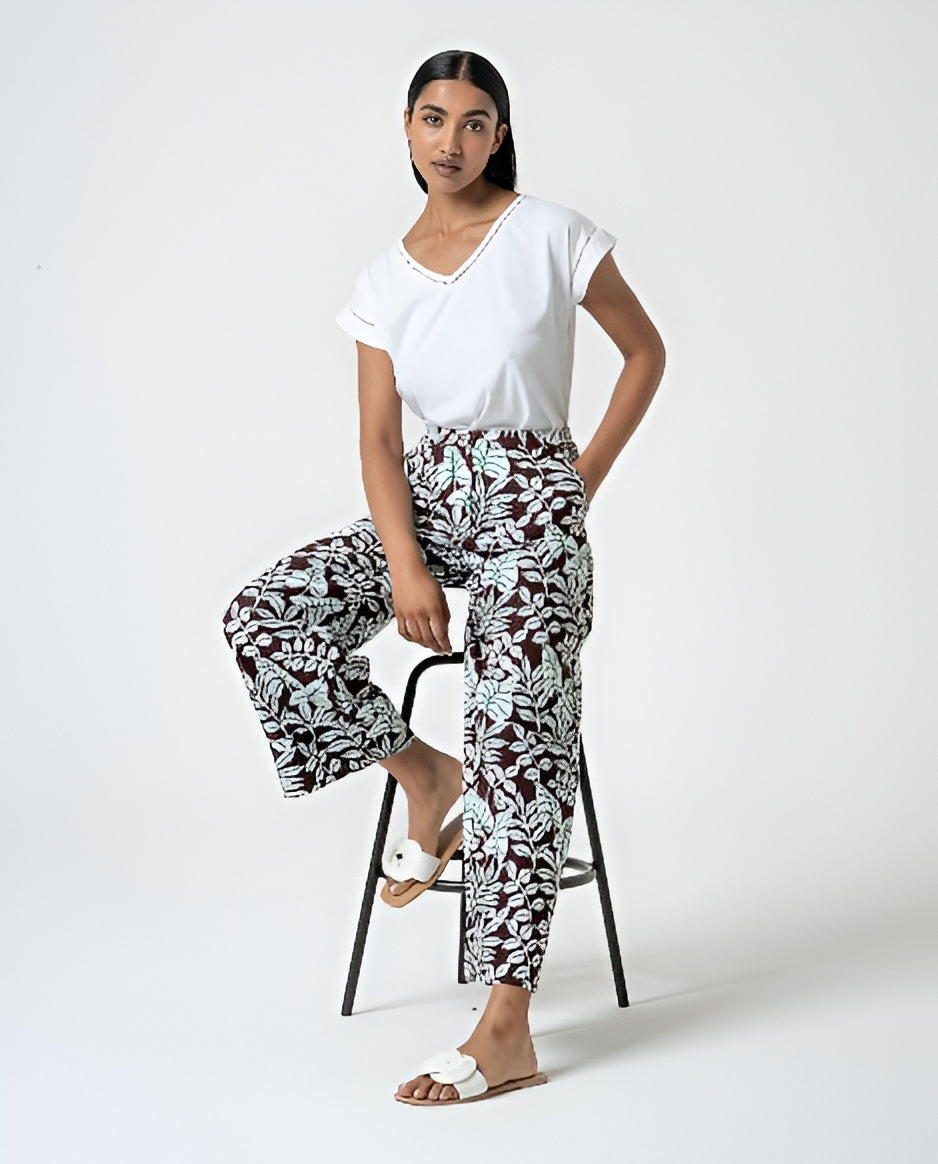 Wide Leg Linen Trousers with Brown Print