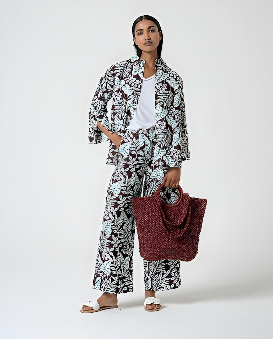 Wide Leg Linen Trousers with Brown Print
