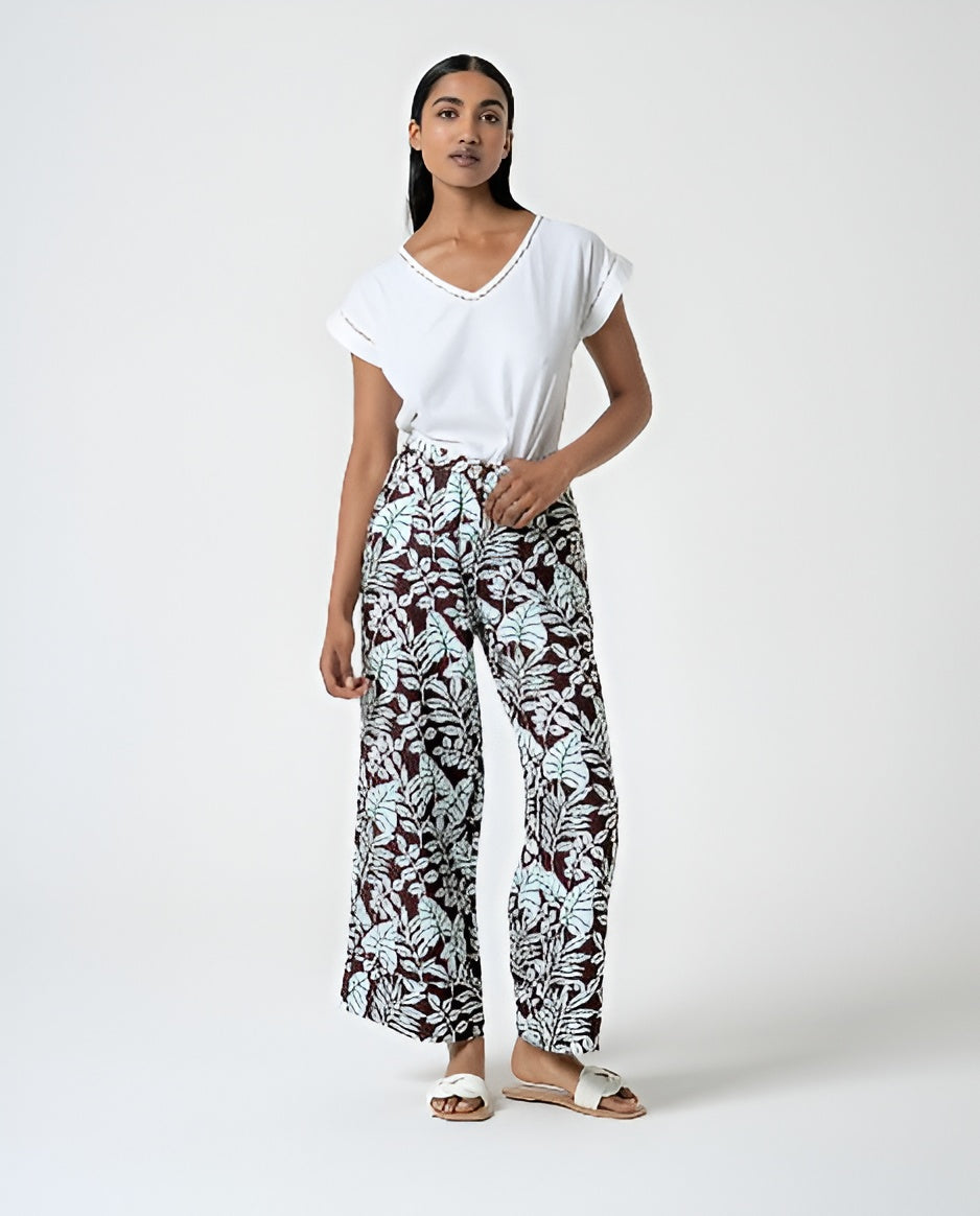 Wide Leg Linen Trousers with Brown Print