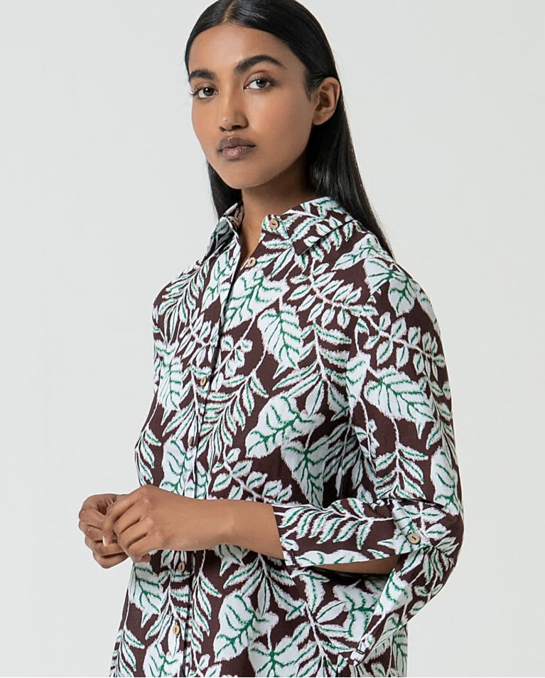 Oversized Printed Linen Shirt Brown