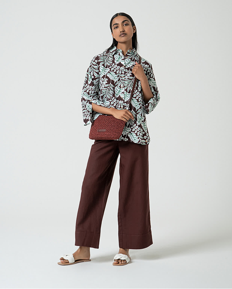 Oversized Printed Linen Shirt Brown